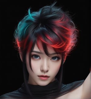 Extremely Realistic,photorealistic,(hairdress),transparent_background,.png , ((dark black hair)) ,dark environment ,red light from right , bright cyan light from top of head,neon photography style