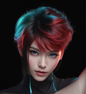 Extremely Realistic,photorealistic,(hairdress),transparent_background,.png , ((dark black hair)) ,dark environment ,((red light from right on hair)) , ((bright cyan light from top of head on hair)),neon photography style,h4l0w3n5l0w5tyl3DonML1gh7 , natural glowing hair under light