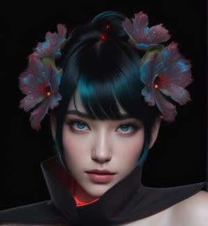 Extremely Realistic,photorealistic,(hairdress),transparent_background,.png , ((dark black hair)) ,dark environment ,((red light from right blooming on hair)) , ((bright cyan light from top of head blooming on hair)),neon photography style,h4l0w3n5l0w5tyl3DonML1gh7 , natural glowing hair under light
