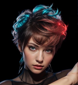 Extremely Realistic,photorealistic,(hairdress),transparent_background,.png , black hair ,bright red light from bottom right , cyan light from top