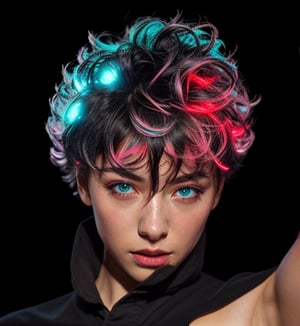 Extremely Realistic,photorealistic,(hairdress),transparent_background,.png , ((dark black hair)) ,dark environment ,((red light from right on all over hair)) , ((bright cyan light from top of head on all over hair)),neon photography style,h4l0w3n5l0w5tyl3DonML1gh7 , natural glowing hair under light,h4l0w3n5l0w5tyl3DonML1gh7,overexposed hair