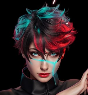 Extremely Realistic,photorealistic,(hairdress),transparent_background,.png , ((dark black hair)) ,dark environment ,((red light from right on all over hair)) , ((bright cyan light from top of head on all over hair)),neon photography style,h4l0w3n5l0w5tyl3DonML1gh7 , natural glowing hair under light,h4l0w3n5l0w5tyl3DonML1gh7