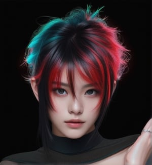 Extremely Realistic,photorealistic,(hairdress),transparent_background,.png , ((dark black hair)) ,dark environment ,red light from right , bright cyan light from top of head,neon photography style,h4l0w3n5l0w5tyl3DonML1gh7