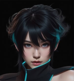 Extremely Realistic,photorealistic,(hairdress),transparent_background,.png , ((dark black hair)) ,dark environment ,red light from right , bright cyan light from top of head,neon photography style,h4l0w3n5l0w5tyl3DonML1gh7