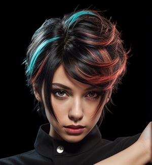 Extremely Realistic,photorealistic,(hairdress),transparent_background,.png , ((dark black hair)) ,dark environment ,red light from right , bright cyan light from top of head