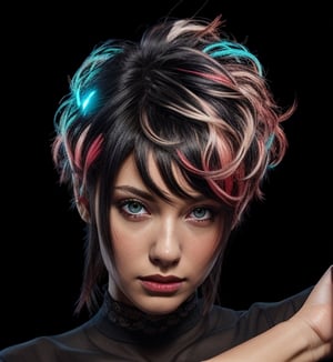 Extremely Realistic,photorealistic,(hairdress),transparent_background,.png , ((dark black hair)) ,dark environment ,dark red light from right , bright cyan light from behind head