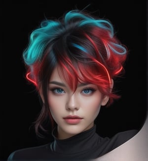 Extremely Realistic,photorealistic,(hairdress),transparent_background,.png , ((dark black hair)) ,dark environment ,((red light from right on all over hair)) , ((bright cyan light from top of head on all over hair)),neon photography style,h4l0w3n5l0w5tyl3DonML1gh7 , natural glowing hair under light