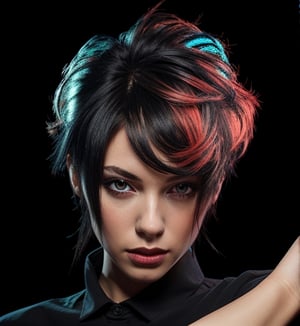 Extremely Realistic,photorealistic,(hairdress),transparent_background,.png , ((dark black hair)) ,dark environment ,bright red light from right , cyan light from behind head