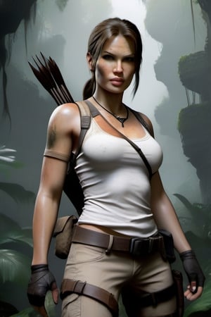 lara croft,tight clothing,highly detailed, in a jungle, ruins in background.,Expressiveh