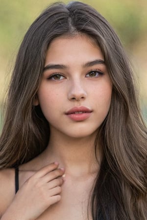 A young girl ، eighteen years old, narrow duck nose, big and big lips, cheekbones, facial dimples, long hair cut،A boy's hand on this girl's neck 