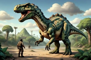 Escorpión gigante peleando con un tiranosaurio rex ex en un mundo post apocalíptico 
