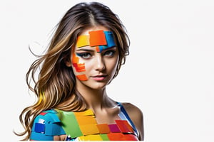 an artistic painting, half body woman made of paint strip, colorful, dynamic, Something,Leonardo Style