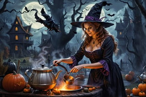 a painting of a woman dressed as a witch stirring a pot, a fine art painting by Alex Horley, cgsociety, fantasy art, fantasy, detailed painting, enchanting,potma style,halloween