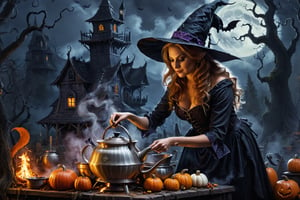 a painting of a woman dressed as a witch stirring a pot, a fine art painting by Alex Horley, cgsociety, fantasy art, fantasy, detailed painting, enchanting,potma style,halloween