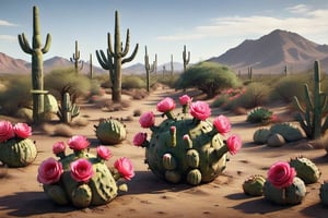 Foto en el desierto donde hay muchos cactus los cuales están llenas de rosas como flores autóctonas 
