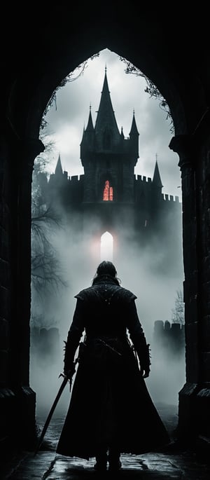 (RAW photo, HDR:1.2), (super detailed:1.4), (high quality, 8k), Lenkaizm, Envision a bloodborne warrior,  detailed face, red eyes, standing in front of castle gate, surrealism, gigantic, ethereal, fantasy realm, mysty environment, high contrast, volumetric lighting casting a sharp shadow to add more mysterious atmosphere, masterpiece, foggy background, cloud_scape, front light, complex terrain, detailed background, intricate texture and details, close up