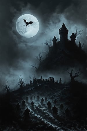 highy detailed ilustration of an abandoned dark fantasy fortress which had signs of of a fierce battle with realistic highly detailed undead ghouls gathered arround, at night, gloomy atmosphere, mystery setting, 32k, hdr, ultimate details, hyperrealistic, high texture resolution, epic and scary composition, clear shadows and highlights, pale colors, hopeless feeling, moonlit, (((crimson red colors))), sharp focus, photo realistic, detailed scenery, medieval style, bats and crows flying, undead zombies