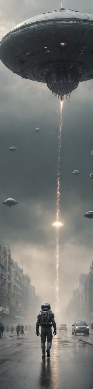 It generates a high-quality cinematic image, extreme details, ultra definition, extreme realism, high-quality lighting, 16k UHD, some aliens in the middle of the city, waving to an alien  Extraterrestrial Spacecraft in the sky, the lighting is midday,grey_alien,ftspcft