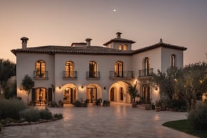 RAW photos,spanish style villa exterior view evening time ,beautiful landscape, 8k uhd, dslr, soft lighting, high quality, film grain, Fujifilm XT3