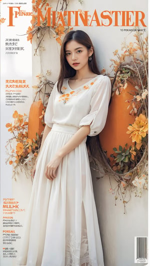 extreme detailed, (masterpiece), (top quality), (best quality), (official art), (beautiful and aesthetic:1.2), (stylish pose), (1 woman), (fractal art:1.3), (colorful), (orange-milkywhite theme: 1.2), ppcp,long skirt,perfect,ChineseWatercolorPainting, magazine cover,