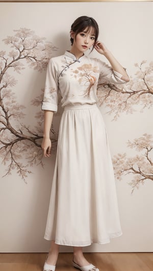 extreme detailed, (masterpiece), (top quality), (best quality), (official art), (beautiful and aesthetic:1.2), (stylish pose), (1 woman), (fractal art:1.3), (colorful), (brown-milkywhite theme: 1.2), ppcp,long skirt,perfect,ChineseWatercolorPainting