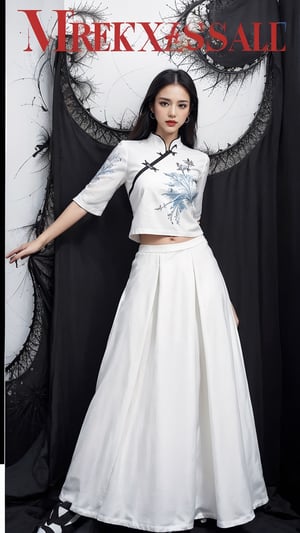 extreme detailed, (masterpiece), (top quality), (best quality), (official art), (beautiful and aesthetic:1.2), (stylish pose), (1 woman), (fractal art:1.3), (colorful), (black-milkywhite theme: 1.2), ppcp,long skirt,perfect,ChineseWatercolorPainting, magazine cover,