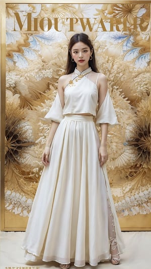 extreme detailed, (masterpiece), (top quality), (best quality), (official art), (beautiful and aesthetic:1.2), (stylish pose), (1 woman), (fractal art:1.3), (colorful), (golden-milkywhite theme: 1.2), ppcp,long skirt,perfect,ChineseWatercolorPainting, magazine cover,