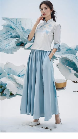 extreme detailed, (masterpiece), (top quality), (best quality), (official art), (beautiful and aesthetic:1.2), (stylish pose), (1 woman), (fractal art:1.3), (colorful), (mist blue-milkywhite theme: 1.2), ppcp,long skirt,perfect,ChineseWatercolorPainting, magazine cover,