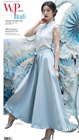 extreme detailed, (masterpiece), (top quality), (best quality), (official art), (beautiful and aesthetic:1.2), (stylish pose), (1 woman), (fractal art:1.3), (colorful), (oriental blue-milkywhite theme: 1.2), ppcp,long skirt,perfect,ChineseWatercolorPainting, magazine cover