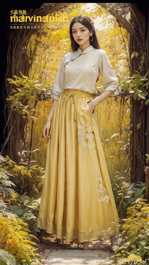 extreme detailed, (masterpiece), (top quality), (best quality), (official art), (beautiful and aesthetic:1.2), (stylish pose), (1 woman), (fractal art:1.3), (colorful), (amber-yellow theme: 1.2), ppcp,long skirt,perfect,ChineseWatercolorPainting, magazine cover,