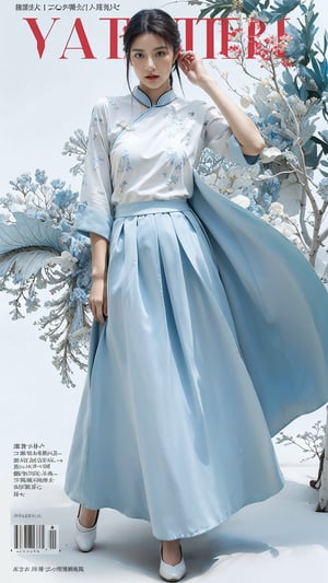 extreme detailed, (masterpiece), (top quality), (best quality), (official art), (beautiful and aesthetic:1.2), (stylish pose), (1 woman), (fractal art:1.3), (colorful), (oriental blue-milkywhite theme: 1.2), ppcp,long skirt,perfect,ChineseWatercolorPainting, magazine cover