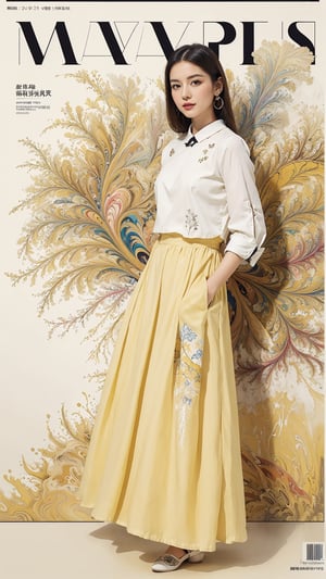 extreme detailed, (masterpiece), (top quality), (best quality), (official art), (beautiful and aesthetic:1.2), (stylish pose), (1 woman), (fractal art:1.3), (colorful), (yellow-milkywhite theme: 1.2), ppcp,long skirt,perfect,ChineseWatercolorPainting, magazine cover,