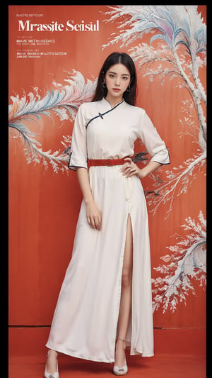 extreme detailed, (masterpiece), (top quality), (best quality), (official art), (beautiful and aesthetic:1.2), (stylish pose), (1 woman), (fractal art:1.3), (colorful), (red-milkywhite theme: 1.2), ppcp,long skirt,perfect,ChineseWatercolorPainting, magazine cover,