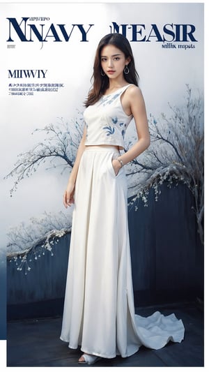extreme detailed, (masterpiece), (top quality), (best quality), (official art), (beautiful and aesthetic:1.2), (stylish pose), (1 woman), (fractal art:1.3), (colorful), (navy-milkywhite theme: 1.2), ppcp,long skirt,perfect,ChineseWatercolorPainting, magazine cover,