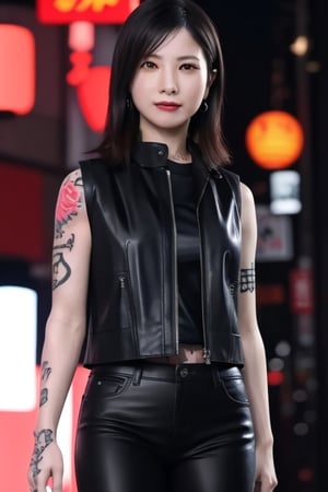 Finest, masterpiece, 8K, beauty, Japanese woman, angry,((tattoo)), black leather pants, black leather vest, female mafia, cyberpunk city, night,ftifa, ,TifaFF7,a photo of a japanese woman named hatano, MUGI