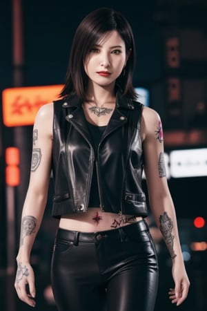Finest, masterpiece, 8K, beauty, Japanese woman, angry,((tattoo)), black leather pants, black leather vest, female mafia, cyberpunk city, night,ftifa, ,TifaFF7,