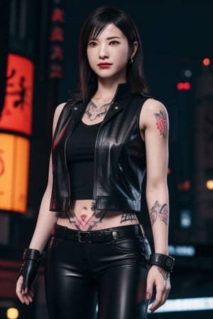 Finest, masterpiece, 8K, beauty, Japanese woman, angry,((tattoo)), black leather pants, black leather vest, female mafia, cyberpunk city, night,ftifa, ,TifaFF7,