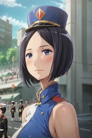 michie_matsumoto ,marching band ,  walking  , ( embarrassed )   ,on the street  , in  the city ,  black hair , short hair , ( masterpiece , ultra Detailed eyes , ultra Detailed face , ultra Detailed Clothing , perfect proportion :1.1) , upper body , close up , 
sunfes,band uniform,mini shako cap,sleeveless,blue vest, cinematic scene , 