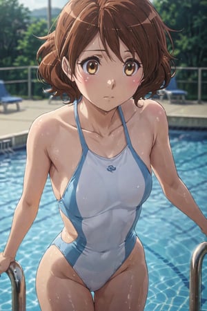  competition swimsuit , halter , ( high-neck )   , jumping , in diving ,    on diving board , ( shy )  , at poolside  ,  ( masterpiece , ultra Detailed eyes , ultra Detailed face , ultra Detailed Clothing , perfect proportion :1.1)  ,oumae kumiko , white , blue 