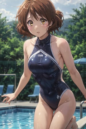  competition swimsuit , halter , ( high-neck )   , jumping , , diving ,    on diving board , ( shy )  , at poolside  ,  ( masterpiece , ultra Detailed eyes , ultra Detailed face , ultra Detailed Clothing , perfect proportion :1.1)  ,oumae kumiko , white , blue 