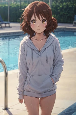 (  wearing hoodie : 1.3)    , walking , ( embarrassed )  , at poolside  ,  ( masterpiece , ultra Detailed eyes , ultra Detailed face , ultra Detailed Clothing , perfect proportion :1.1)  ,oumae kumiko , 