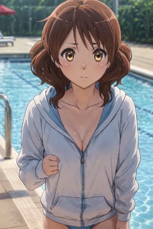 (  wearing hoodie zipped : 1.3)    , walking , part of swimsuit , ( embarrassed )  , at poolside  ,  ( masterpiece , ultra Detailed eyes , ultra Detailed face , ultra Detailed Clothing , perfect proportion :1.1)  ,oumae kumiko , 