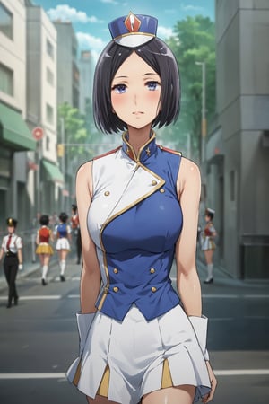 michie_matsumoto ,marching band ,  walking  , ( embarrassed )   ,on the street  , in  the city ,  black hair , short hair , ( masterpiece , ultra Detailed eyes , ultra Detailed face , ultra Detailed Clothing , perfect proportion :1.1) , upper body , 
sunfes,band uniform,mini shako cap,sleeveless,blue vest, cinematic scene , 