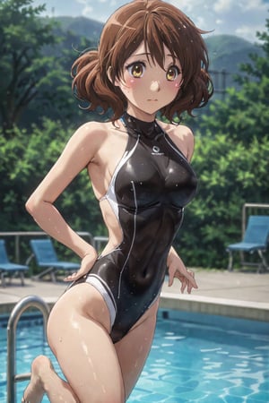  competition swimsuit , halter ,high-neck  , jumping ,   on diving board , ( shy )  , at poolside  ,  ( masterpiece , ultra Detailed eyes , ultra Detailed face , ultra Detailed Clothing , perfect proportion :1.1)  ,oumae kumiko , 