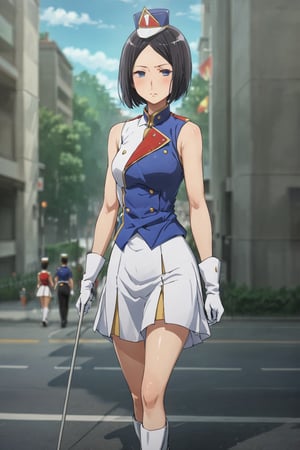 ( standard-bearer ) , michie_matsumoto ,marching band ,  walking  , ( embarrassed )   ,on the street  , in  the city ,  black hair , short hair , ( masterpiece , ultra Detailed eyes , ultra Detailed face , ultra Detailed Clothing , perfect proportion :1.1) , holding a  flag ,(  swinging  a flag)  , 
sunfes,band uniform,mini shako cap,sleeveless,blue vest ,closer to viewer ,   less background , 