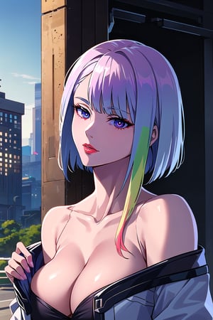 masterpiece, best quality, lucy \(cyberpunk\), , bob cut, short hair, asymmetrical hair, multicolored hair, 1girl, solo, pale skin, red lips, detached sleeves, beautiful eyes, upper body, outdoors, looking at viewer, (((jacket pull))), (((clothes pull))), cleavage, bare shoulders, upper body, wide shot,