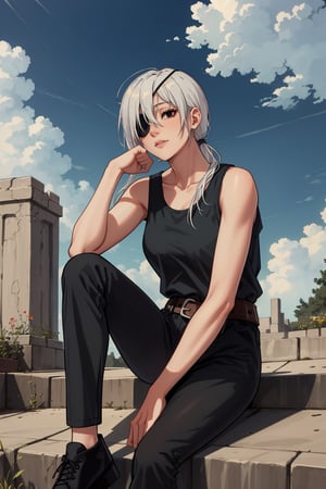 (masterpiece, best quality, highres:1.2), 1girl, quanxi, solo, black tank top, eyepatch, belt, tank top, pants, white hair, (black pants), long hair, low ponytail, outdoors, (brown eye), eerie, cloudy sky, sitting, stairs, hand on own thigh,