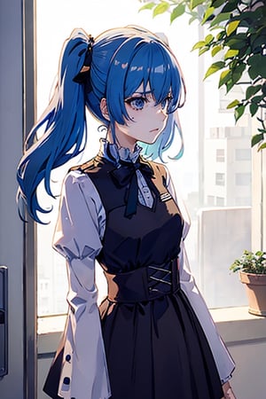 outfit-km,disgusted face, blue hair, school_uniforms, blue_hair, blue_eyes, two ponytails, female_solo,GiftGirl, hornless, withou head, just the uniform