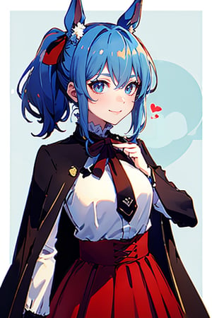 outfit-km,disgusted face, blue hair, school_uniforms, blue_hair, blue_eyes, two ponytails, female_solo,GiftGirl, hornless, withou head, just the uniform, happy,red skirt, black cape, white shirt, red tie
