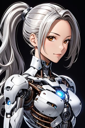 extremely high resolution,best quality,background_sky,mature female,chrome silver cyborg,internal structure exposed,(silver ponytail hair,glossy brown eyes),light smile,closed mouth,